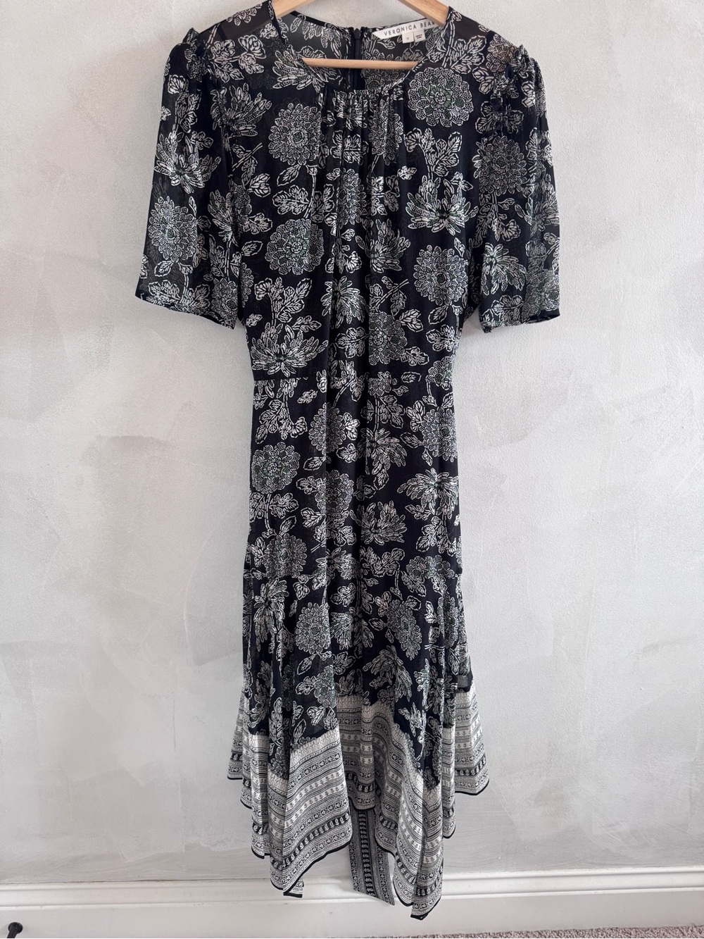 Veronica Beard - Black and White Silk Floral Midi Dress - Size 12